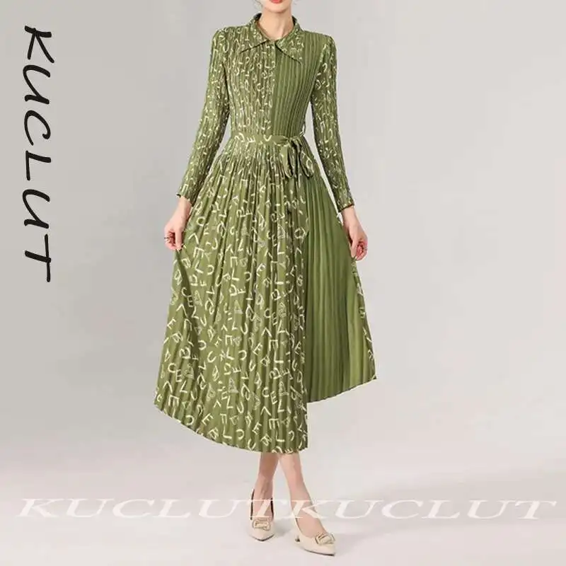 

KUCLUT 2025 Fashion New Items Printed Patchwork Long Sleeve Women's Pleated Dress Elegant Lace-up Waisted Dresses Female K293