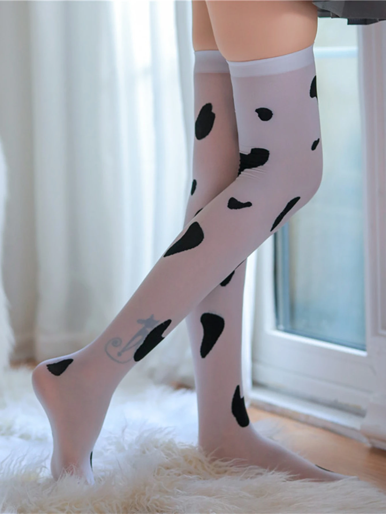 Sexy Erotic Lingerie Stockings Women Cow Print Dot Over Knee High Elastic Stocking Female New Style Transparent Long Stockings