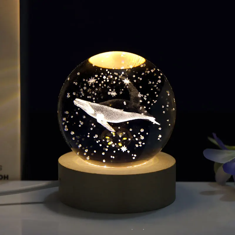 3D Laser Carving Luminous Crystal Ball Dolphin Whale Bedroom Warm Night Light Ornaments Birthday Craft Gifts Home Decoration