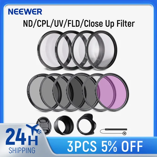 Imagen 1 del producto NEEWER Kit de accesorios para lentes y filtro de primer plano ND/CPL/UV/FLD con ND2 ND4 ND8, filtros de cierre (1 + + 2/ + 4/ + 10), parasol Tulip,