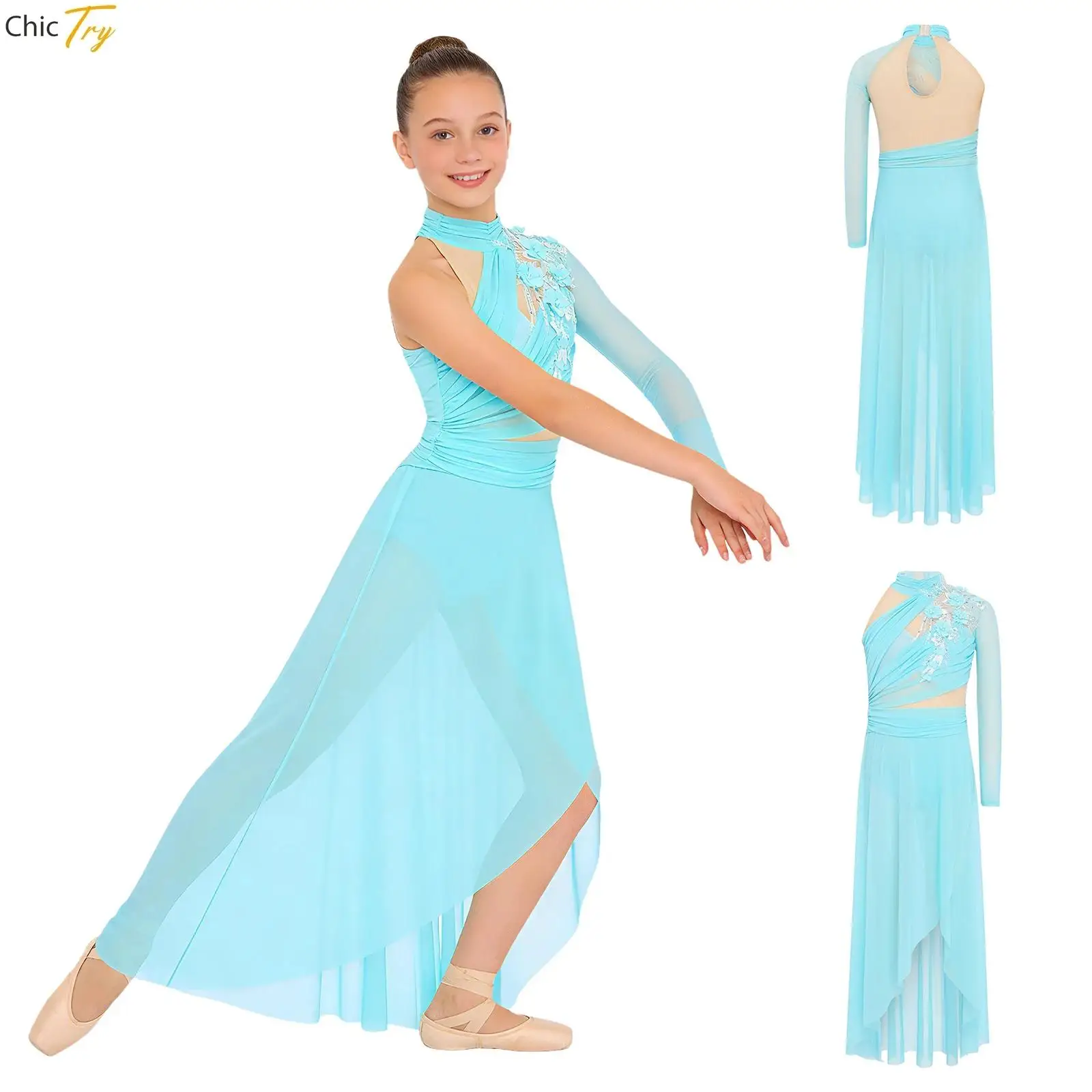 Robe de danse de patinage artistique pour fille, sans manches, avec appliques, en maille transparente, liturgique, lyrique, contemporaine, de danse de salon, moderne, robe longue