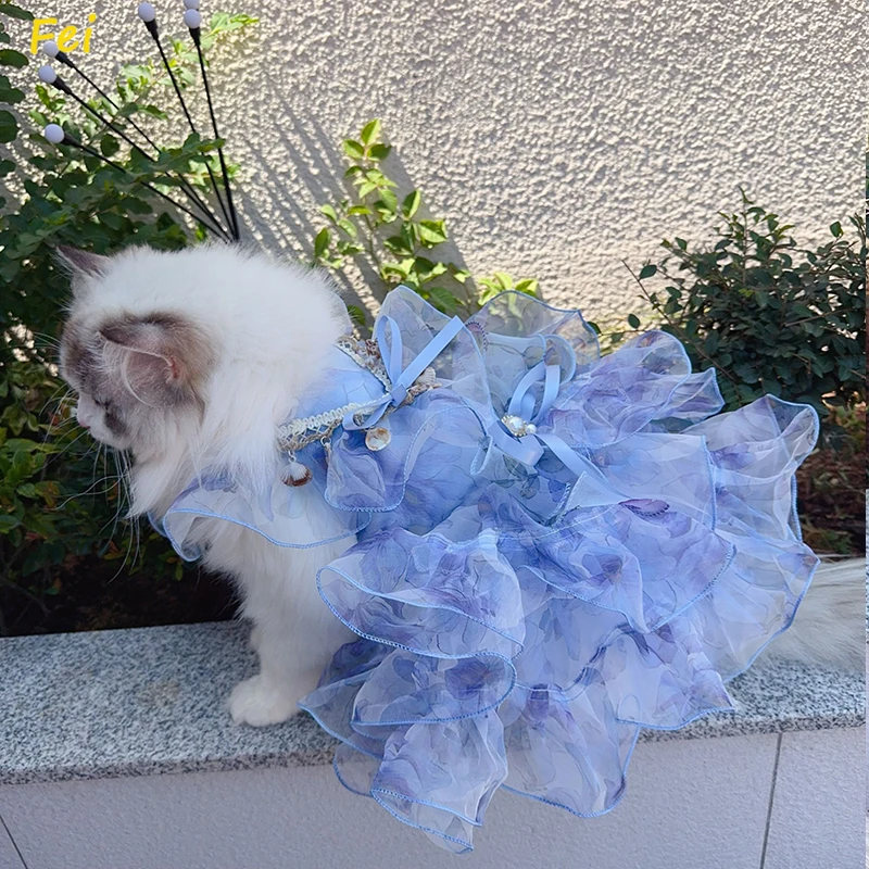 

Lavender Princess Dog Dress with Seashell Decor - Korean Style Party Gown for Small Poodle Puppy Wedding Beach Photoshoot