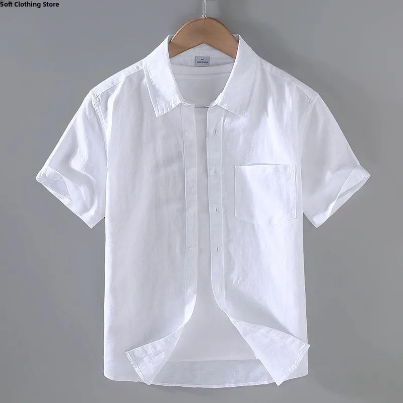 Men's Cotton Linen Loose Fit Casual Shirt Short Sleeve Summer Thin Business Casual White Collar Trendy Top Outerwear
