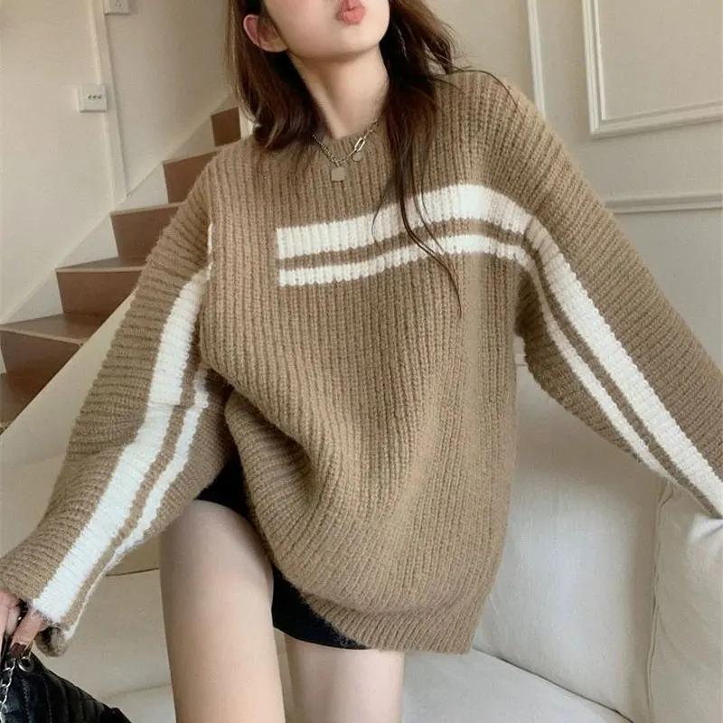 

Contrasting Colors Patchwork Sweaters Women's Clothing Korean Round Neck Autumn Winter Long Sleeve Casual Loose Knitted Jumpers