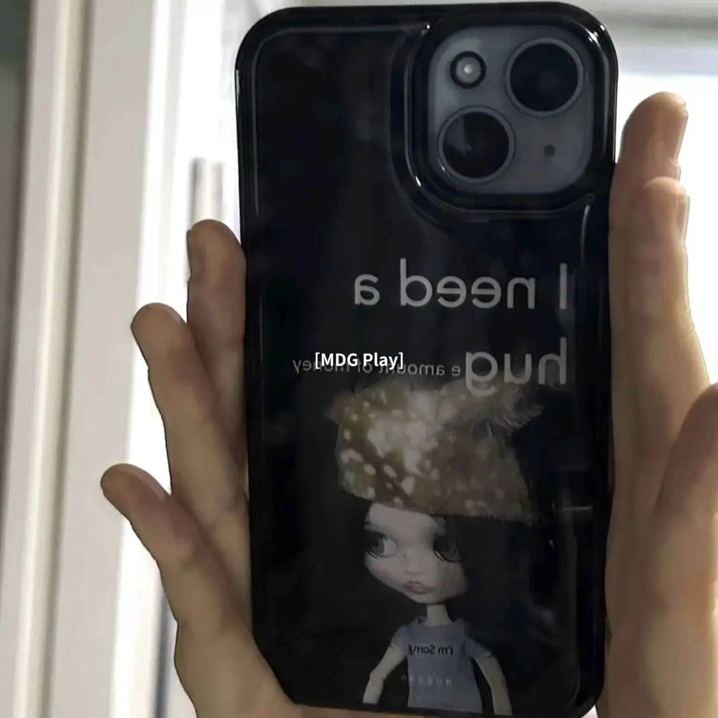 Korean Ins Cute Headscarf Doll Black Border Drip Glue Phone Case For iPhone 17 Air 16 Pro Max 15 14 Plus 13 12 11 Back Cover view 2