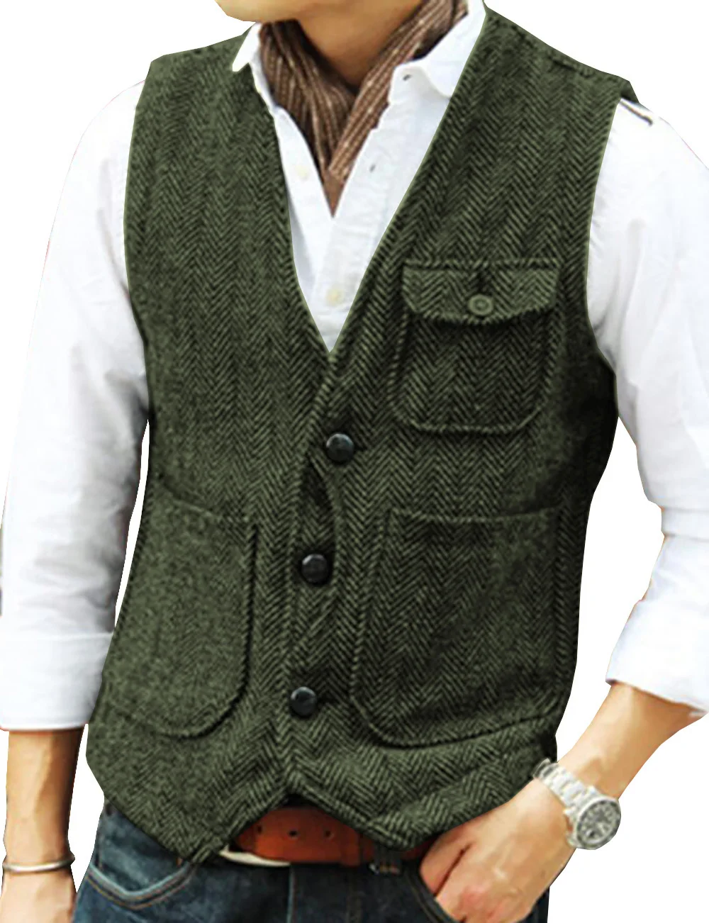 Men Retro British Herringbone Tweed Waistcoat V‑Neck Sleeveless Suit Gilet With Pockets Business Casual Gentleman Layering Vest