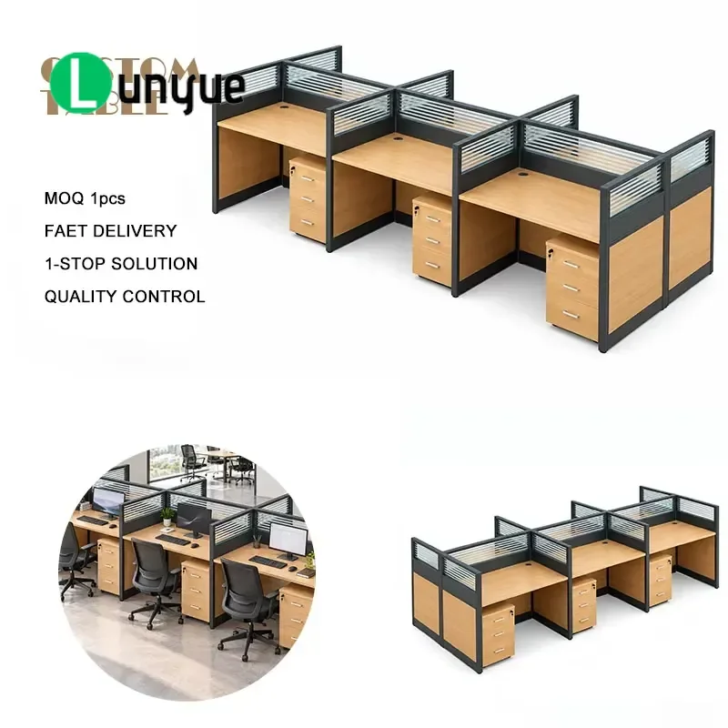 6 Person Office Workstation Black Frame Cubicle Desk Wood Grain Desktop with 3 Drawers Storage Modern Furniture for Staff