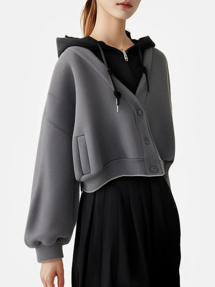 Fashion Fake Two Piece Hoodies Women Long Sleeve Sweatshirts Patchwork Zipper Casual Short Tops Pullovers Cropped Tops Female