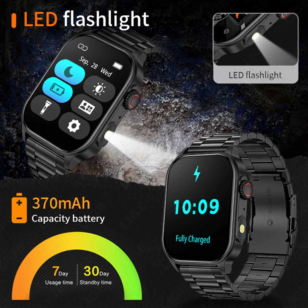 KM02 Sports Smart Watch With Light Flashlight BT Calls AI Voice Assistant IP68 Waterproof Alarm Clock Stopwatch Healty Mointor