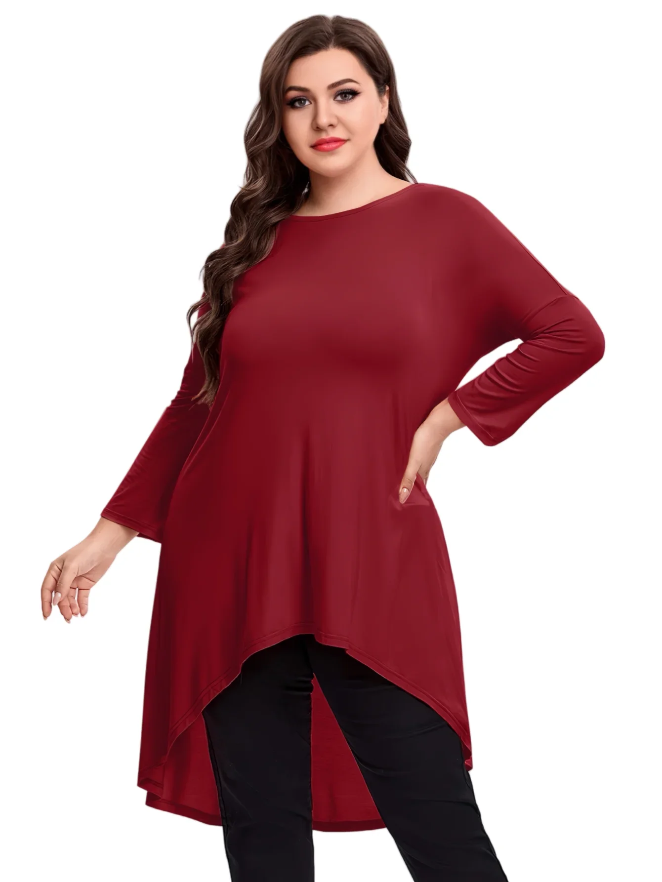 Womens Plus Size Long Sleeve Hi Low Tunic Tops Long Loose Fit Flare Basic Swing Blouse Tops Shirt For Leggings