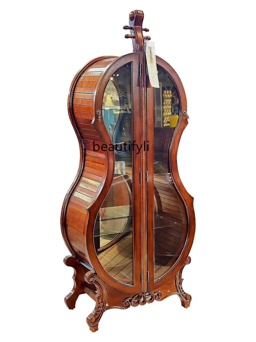 

Solid Wood Wine Cabinet Retro Living Room Curio Cabinet Atmospheric Cello Display Light Luxury Display Wine Cabinet