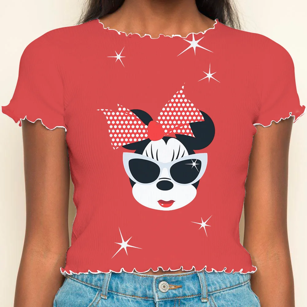 T-shirts Summer Clothes Women 2024 Disney T-shirt Woman Clothing Y2k Crop Top Short Sleeve Minnie Mouse Tops Sexys Lettuce Trim