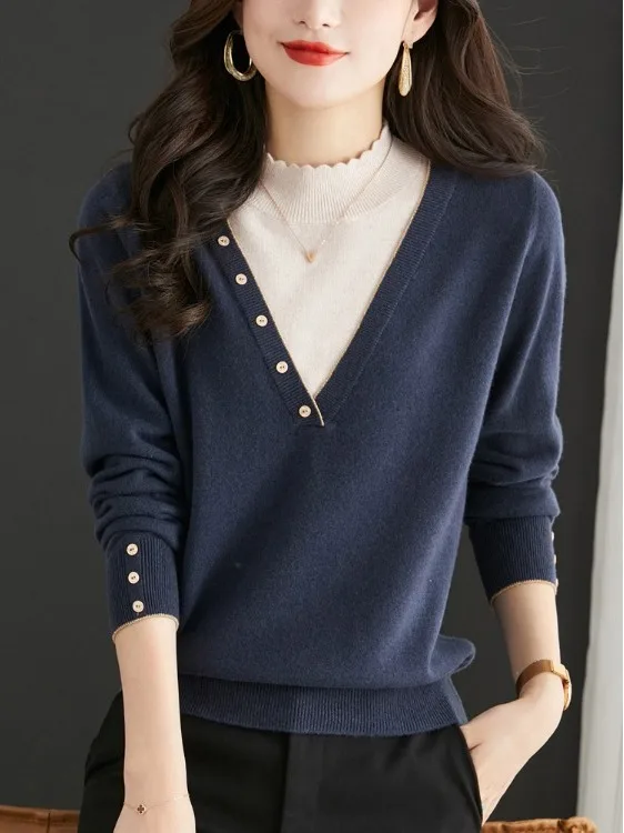 

Магазин Outlet, женский вязаный свитер из двух предметов с высоким воротником, осень-зима, шерстяной повседневный длинный свек, стандартный крой