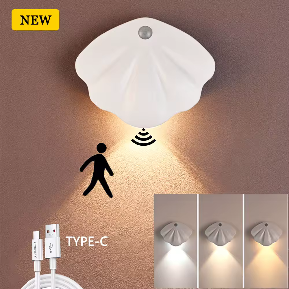 Luz LED nocturna con conchas, luz con Sensor de movimiento, USB tipo C, lámpara tricolor para decoración de habitación, pasillo, escalera, lámpara LED con Sensor de luz