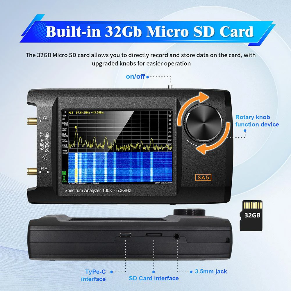 4-inch IPS LCD SA5 Multi-function Handheld Spectrum Analyzer 100k-5.3GHz 2-in-1 RF Signal Generator 5000mAh Battery 32GB Card