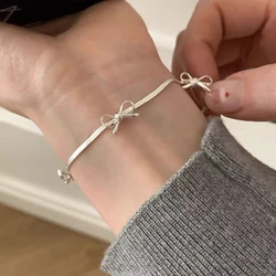 New Silver Color Simple Bowknot Bracelet for Women Ladies Elegent Fresh Snake Chain Bangle Party Luxury Jewelry Gifts ﻿