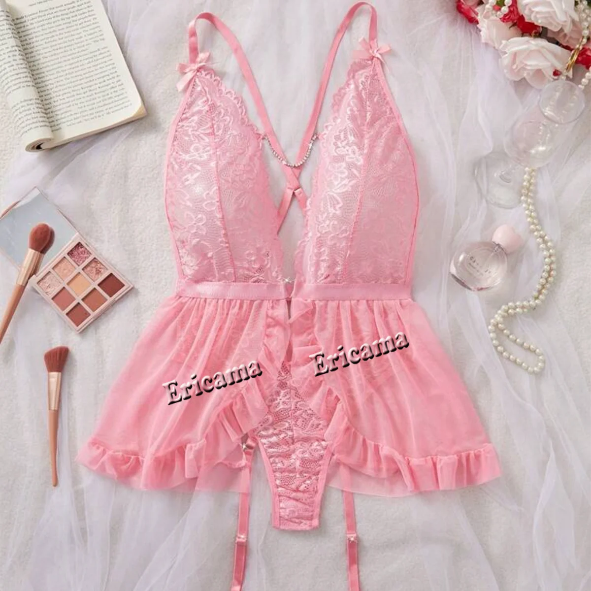 Lencería Sexy para mujer, ropa de dormir, sujetador abierto, mono de peluche, lencería de encaje transparente, sujetador abierto con escote en V profundo, conjunto de ropa interior Porno