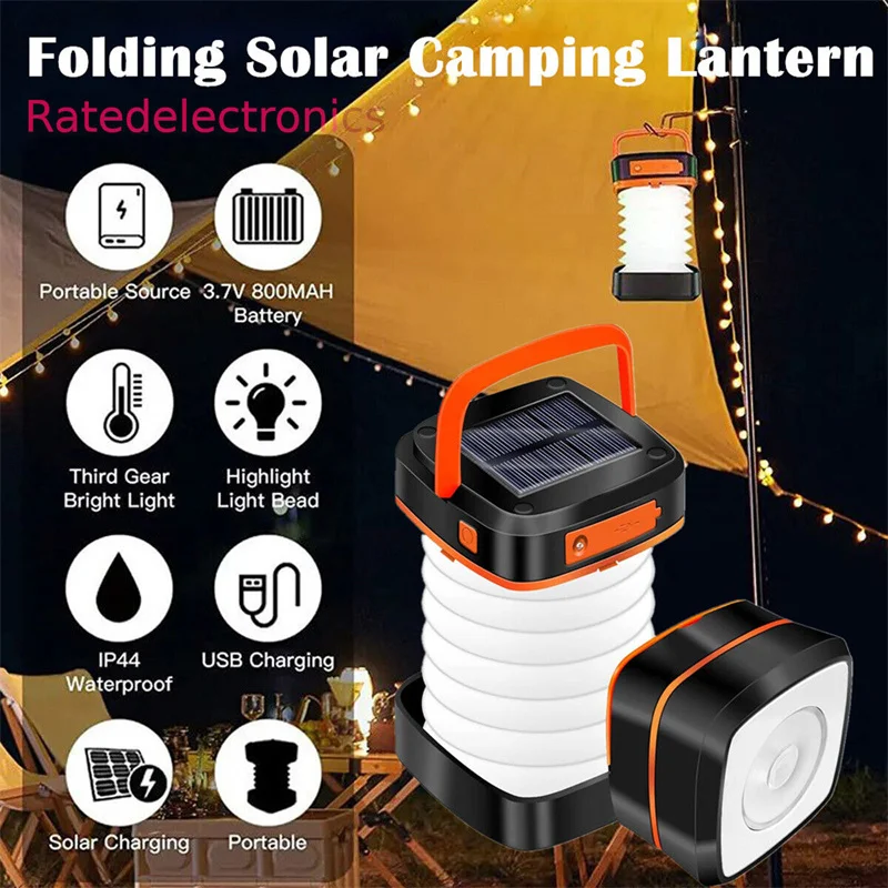 Solar Camping Light Foldable Waterproof USB Rechargeable Lantern 3Modes LED Flashing Lamp Fishing Travle Outdoor Tent Power Bank