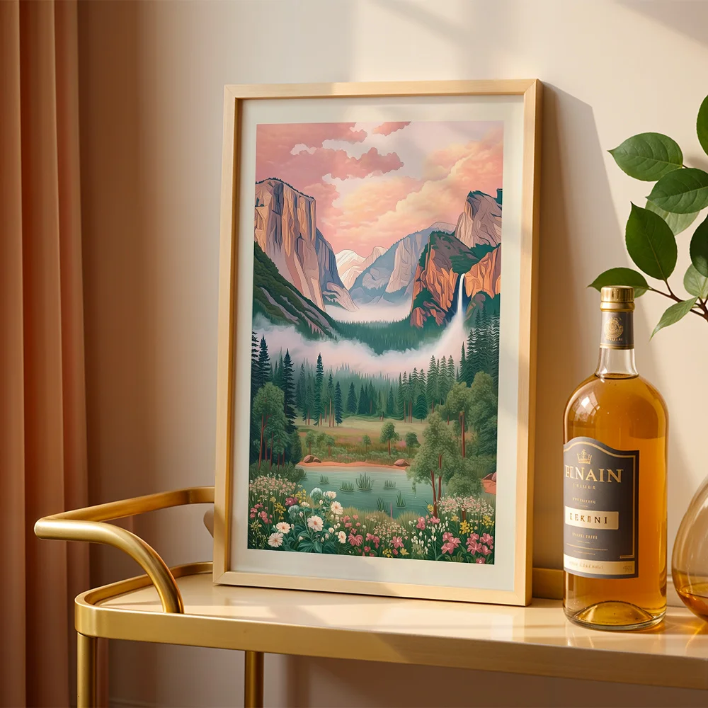 Minimal Mountain Forest Waterfall Flower Scenery Canvas Poster Wall Art, Suitable for Living Room Bedroom Home Decor Paintings