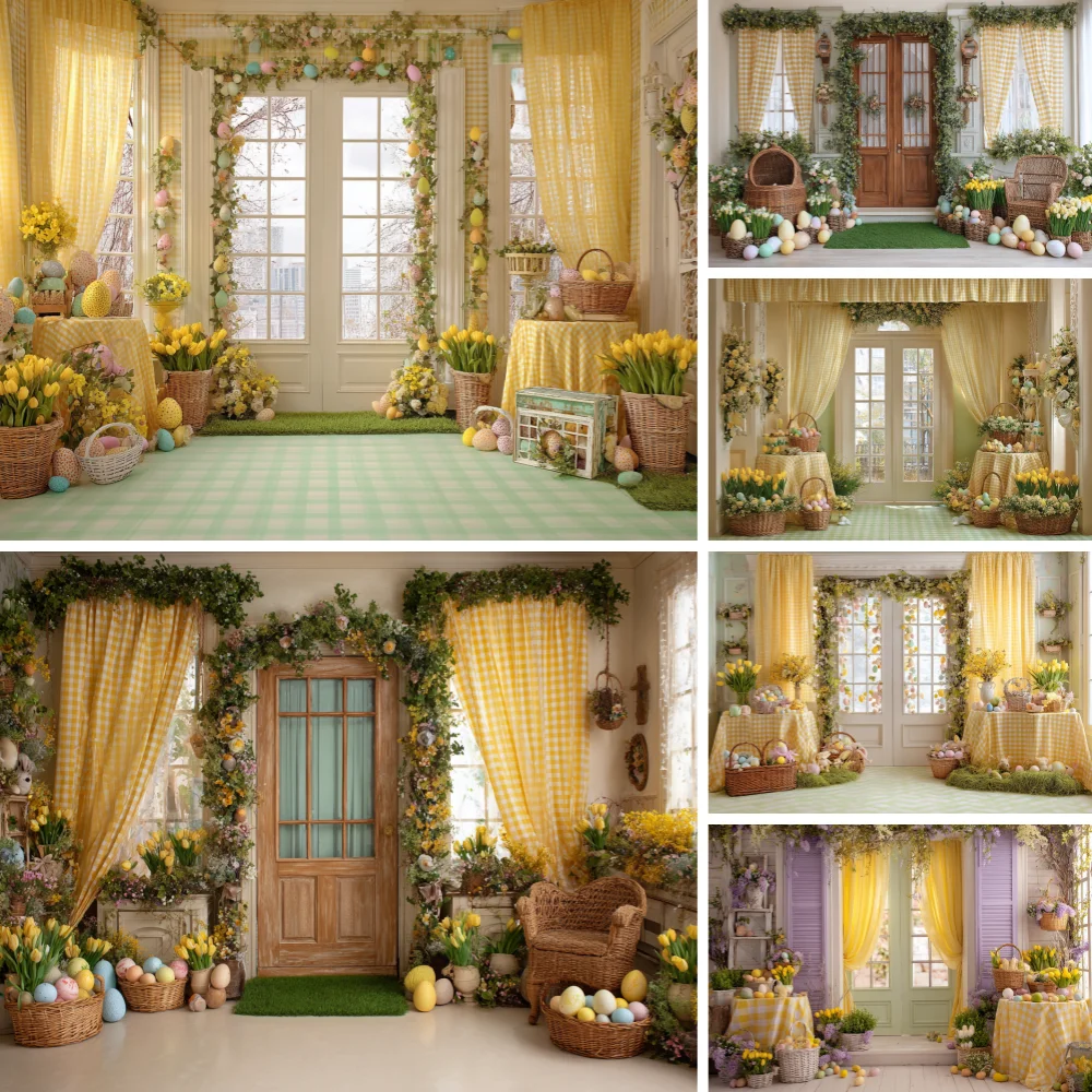 

Spring Easter Photography Background Door Curtain Green Grass Flower Rabbit Eggs Easter Kids Portrait Photocall Backdrop Decor