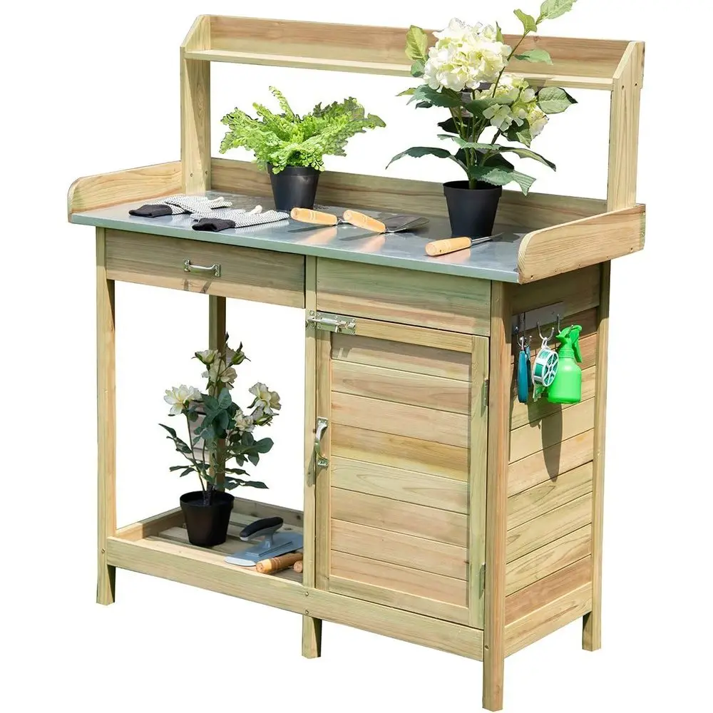Potting Bench Table Natural Wood Garden Plant Lawn Patio Table Storage Shel Metal Tabletop Outdoor Workstation Pot Bench w/Cabin