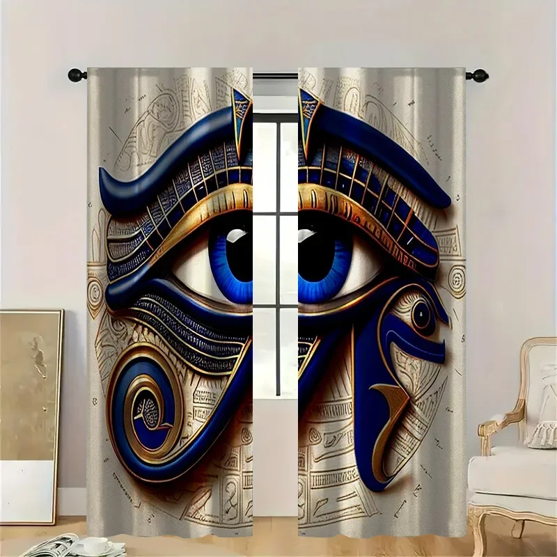 2pcs Egyptian Eye of Horus Curtains with Rod Pocket, Navy Blue Gold Symbolic Print Sheer, Mystical Theme for Statement Wall