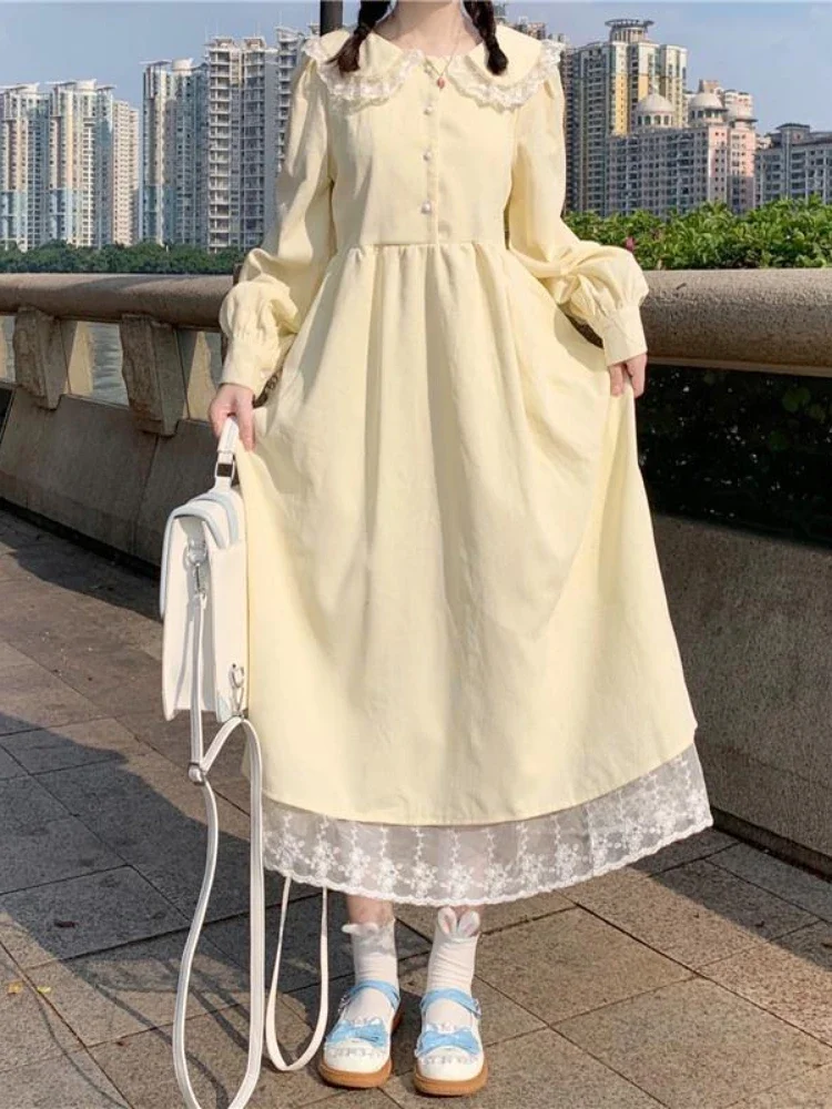 

New 2025 College Style Sweet Peter Pan Collar Lace Dress Women Cute Japanese Mid-length Spring/Autumn Woman Dress