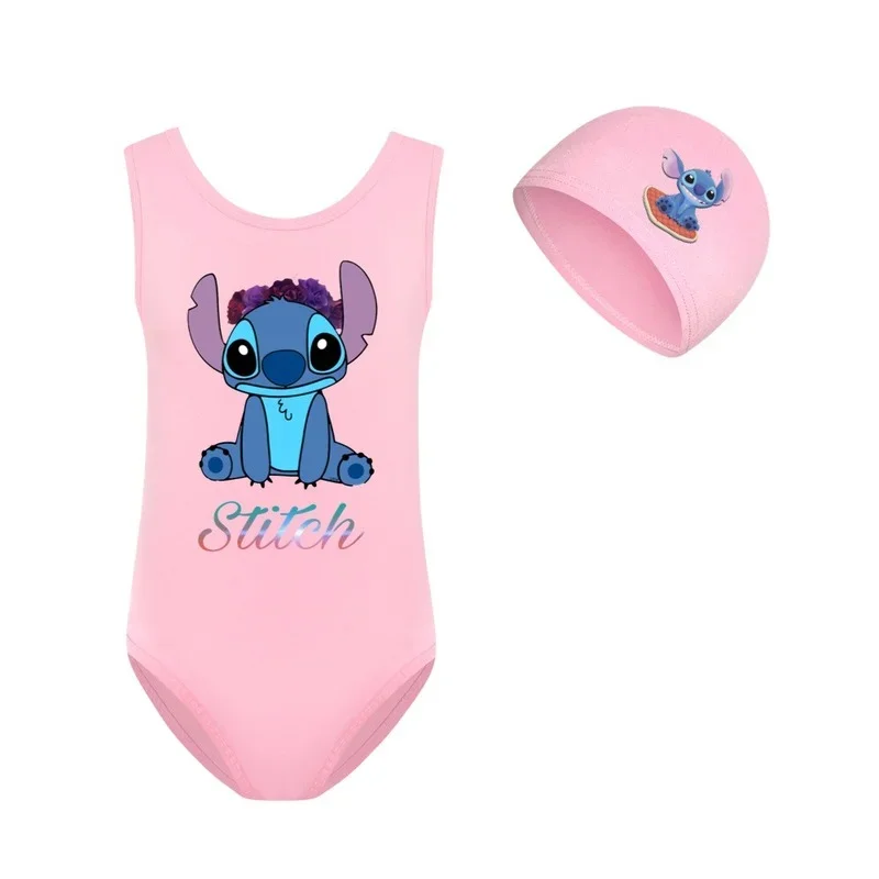 Disney Stitch Children\'s One Piece Swimsuit Set Cute Cartoon Swimwear Swimming Cap Little Girls Bathing Suit Summer Beach Pool