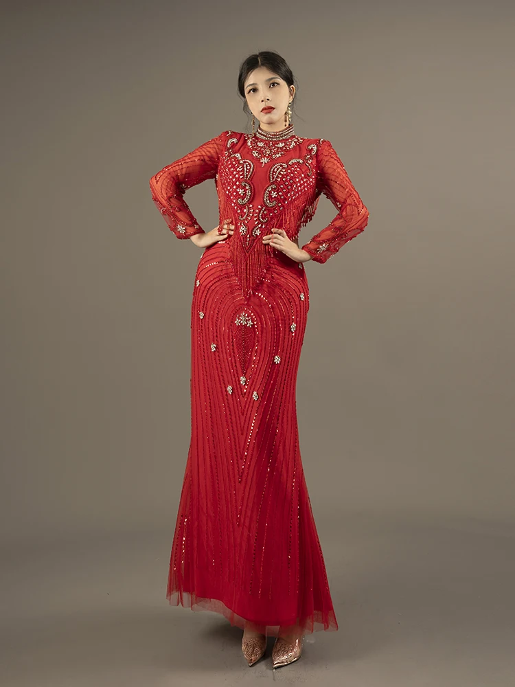 

Custom Luxury Evening Dress For Women Royal Sequin Beading Red Mermaid Gown With Tassels For Wedding Boutique R32