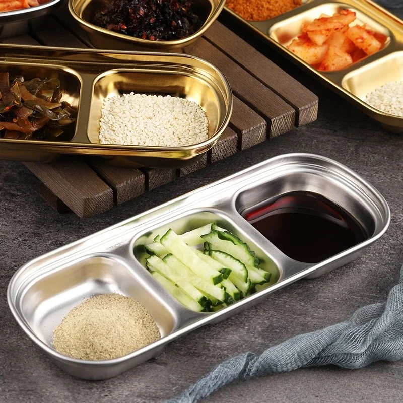 طبق عشاء على الطراز الكوري من الفولاذ المقاوم للصدأ 304، طبق غمس ذهبي، أدوات مائدة للشواء، أدوات مائدة متعددة الوظائف