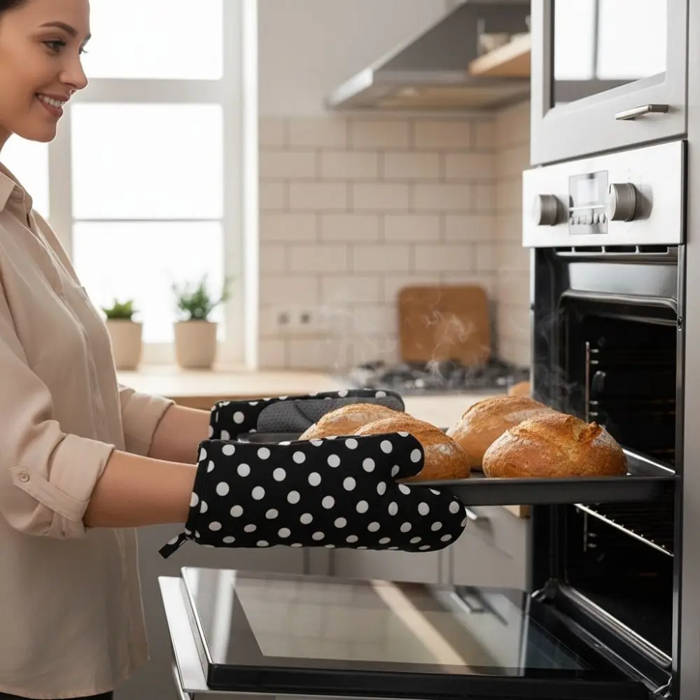 1 Pair Silicone Pad Design Kitchen Microwave Gloves Cotton Lining Non-slip Oven Gloves Anti Scalding Heat-resistant Baking Mitts