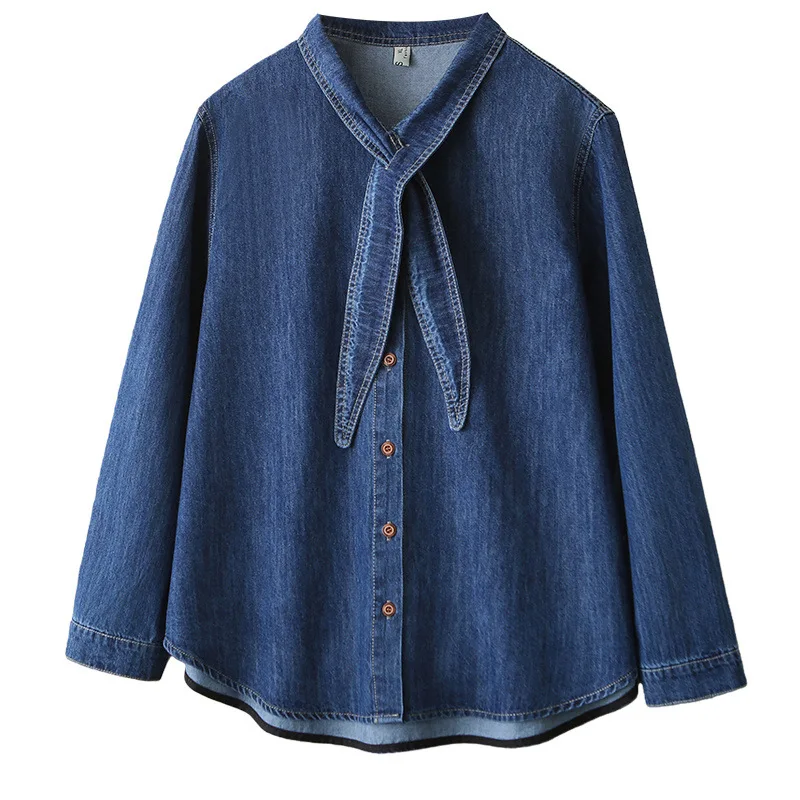 XXXXL Fashion Plus Size Woman Clothing Denim Shirt Bow Collar Cardigan Spring 2026 Long Sleeved Blouses 988