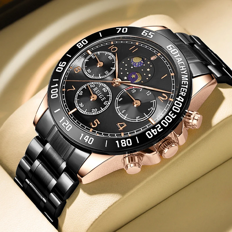 

RUIGE Four-eyed six-needle design night light black steel strap automatic mechanical watch fashion trend men's national watch