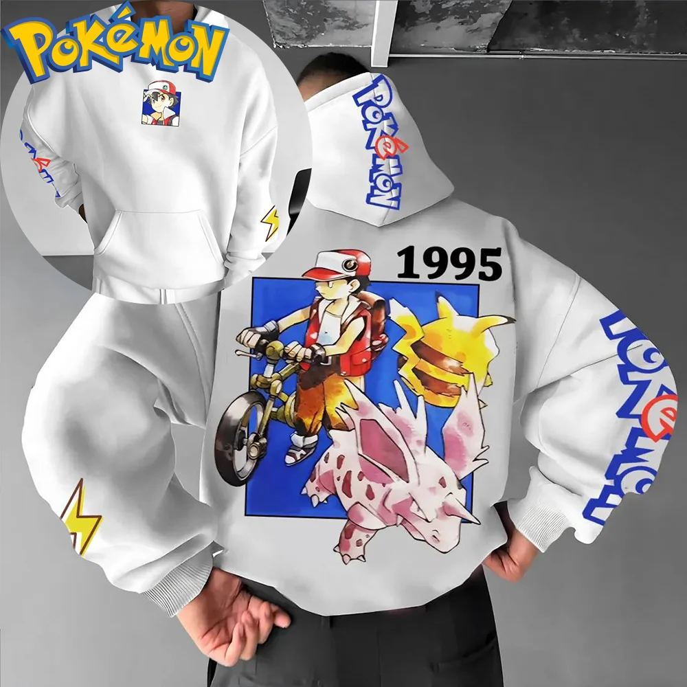 Pokemon Anime Ash Ketchum Pikachu Sudadera con capucha de algodón pantalones Harajuku conjunto blanco rojo azul estampado de personajes con diseño de motocicleta
