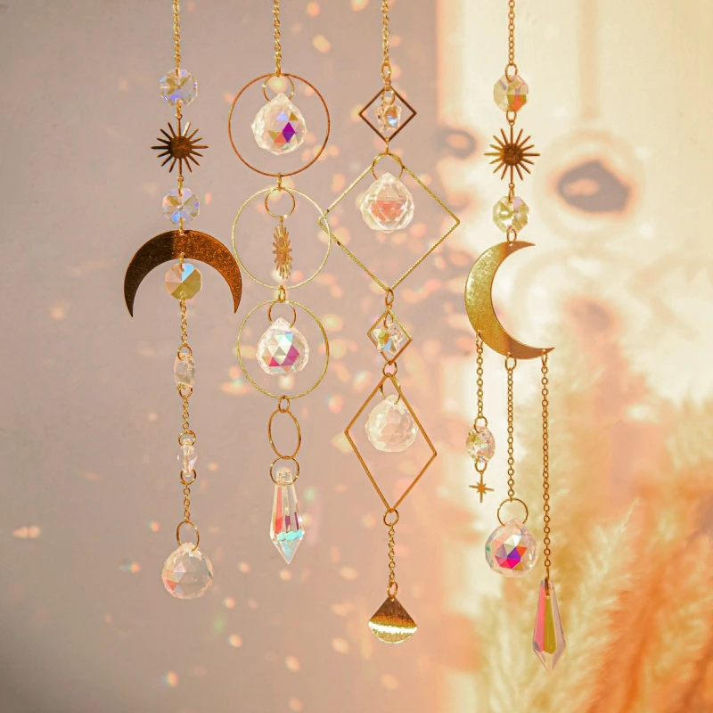 Crystal Suncatcher Moon Star Rainbow Sun Catcher Wind Chime Pendant Sun Catcher Pendants Outdoor Garden Yard Hanging Decor