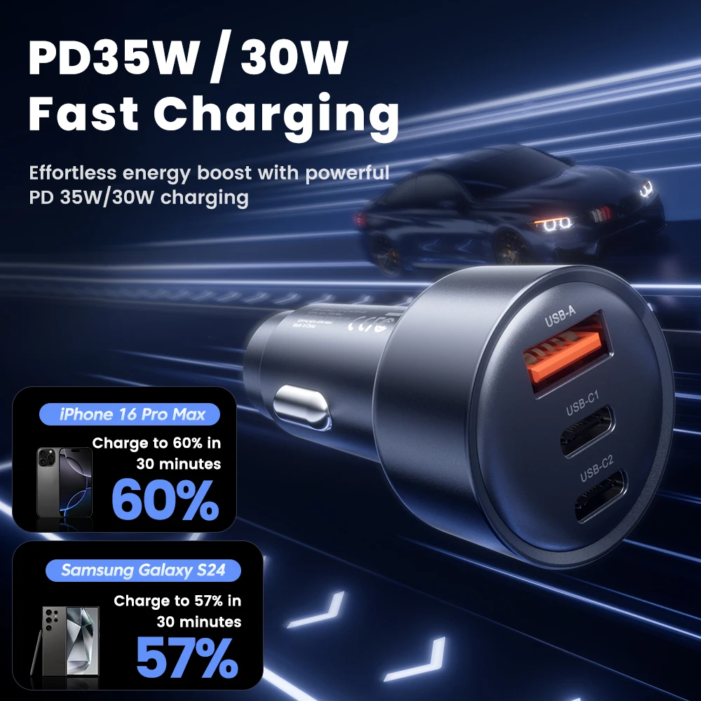 Toocki 65W PPS 2USB C+USBA Car Charger USB Type C Dual Port PD QC Fast Charging For Laptop Car Phone Charger For iPhone Xiaomi
