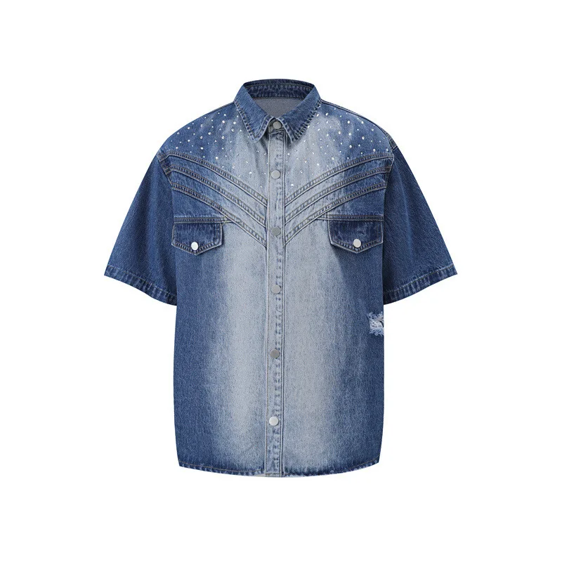 Men's Ripped Jeans Shirt With Hotfix Rhinestone Fashion High Street Washed Vintage Distressed Denim Shirts Short Sleeve Tops