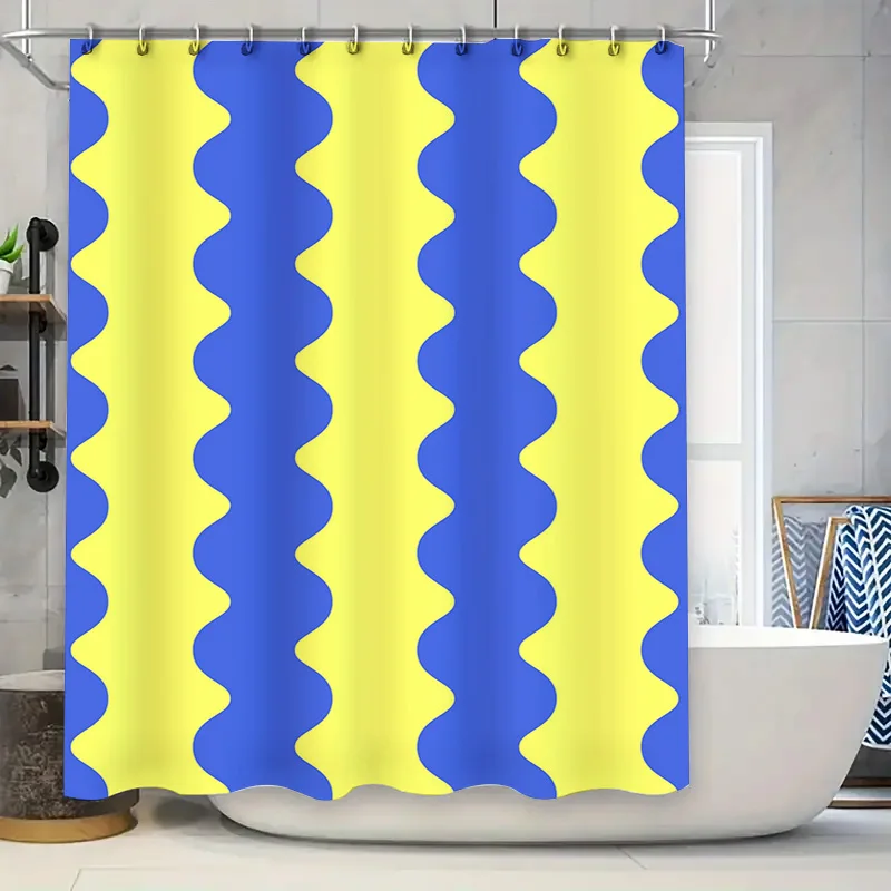 

Bright Blue Yellow Shower Curtain Set Polyester Waterproof Bath Decor with Hooks (Set of 1)