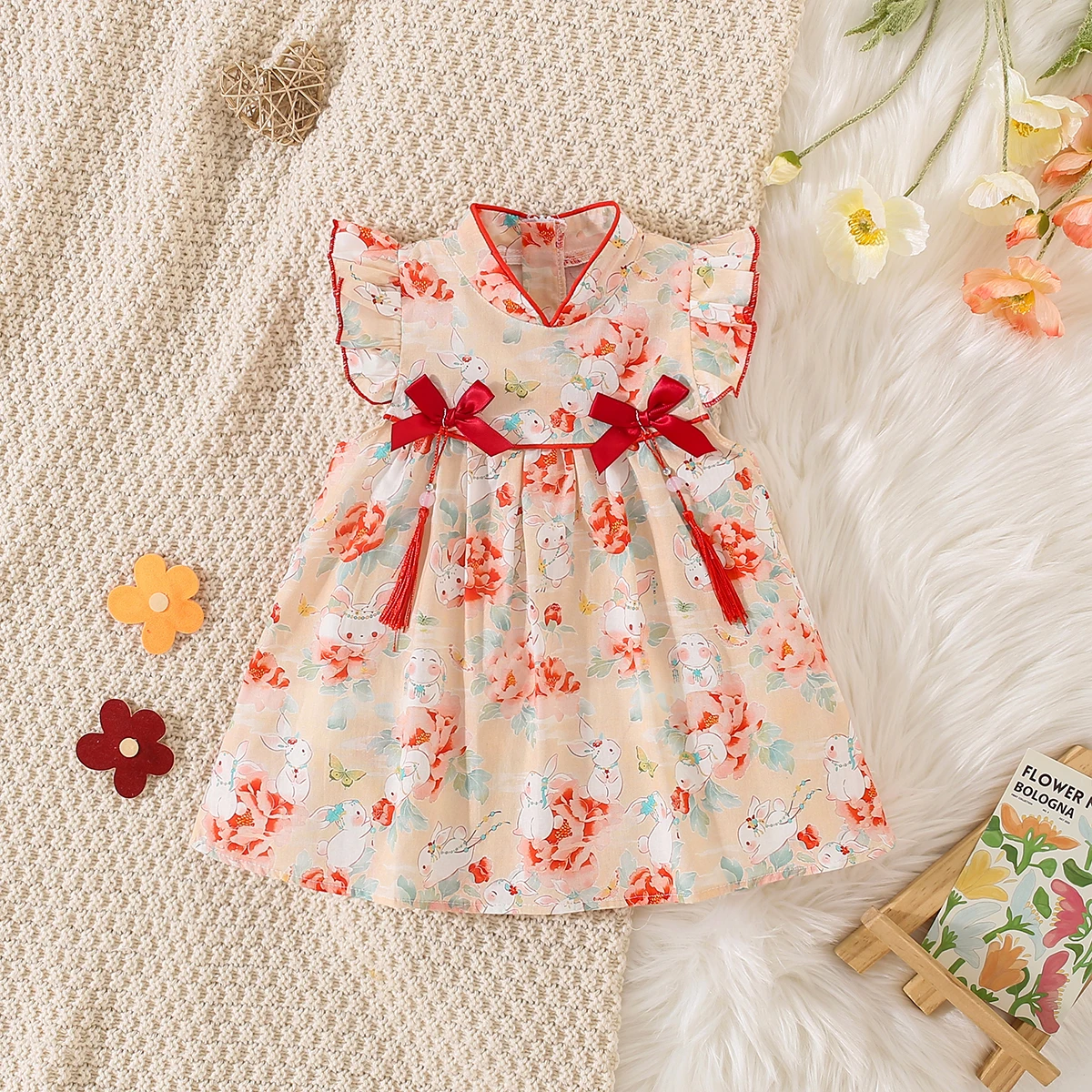 Chinese Style Baby Girl Summer Dress Sweet and Cute Little Rabbit Flying Sleeves Strange Robe Princess Dress Suitable for 0-3 Y