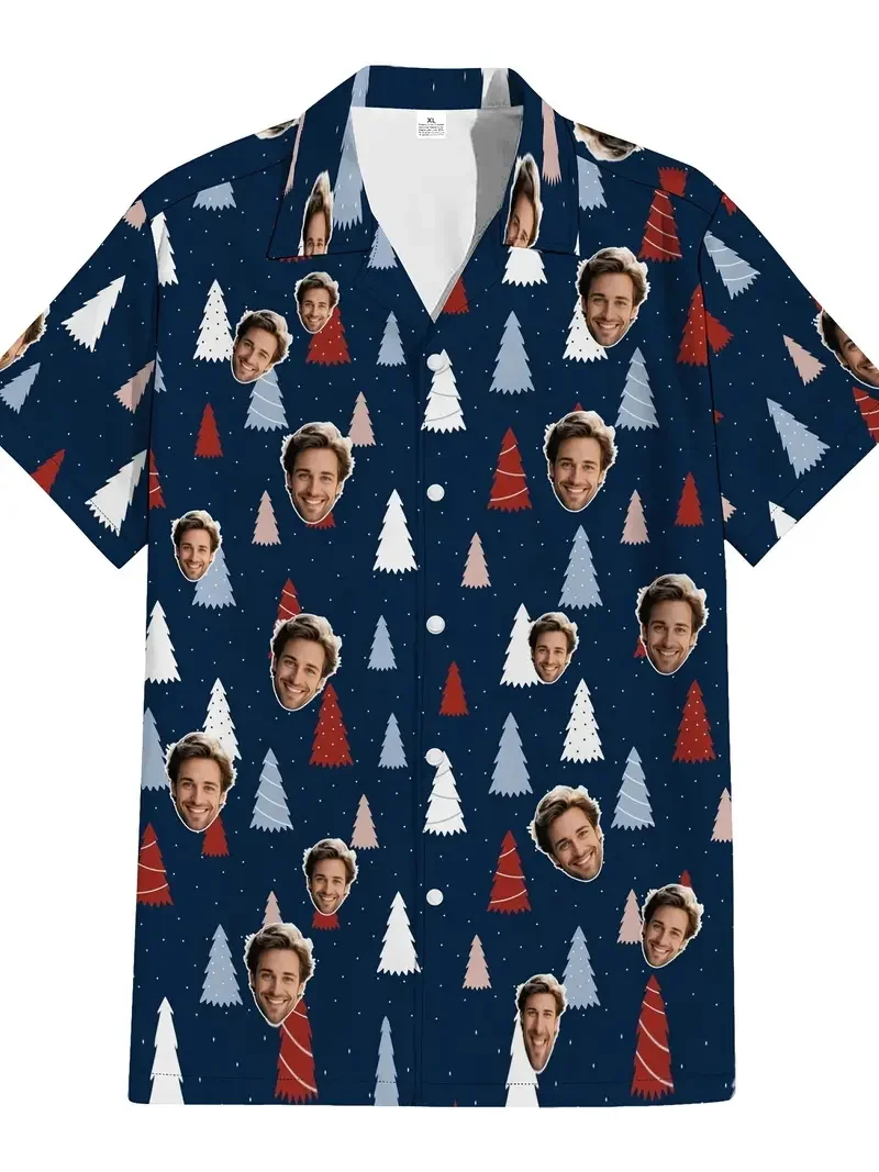 Camisas havaianas com foto personalizada para homens e mulheres, design tropical personalizado de Natal com chapéu de Papai Noel, camisa de praia com botão de rena