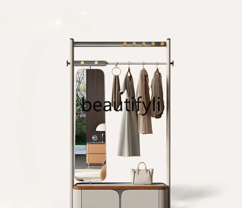 Minimalist floor coat rack, full-length mirror integrated, high-end light luxury hanger rack