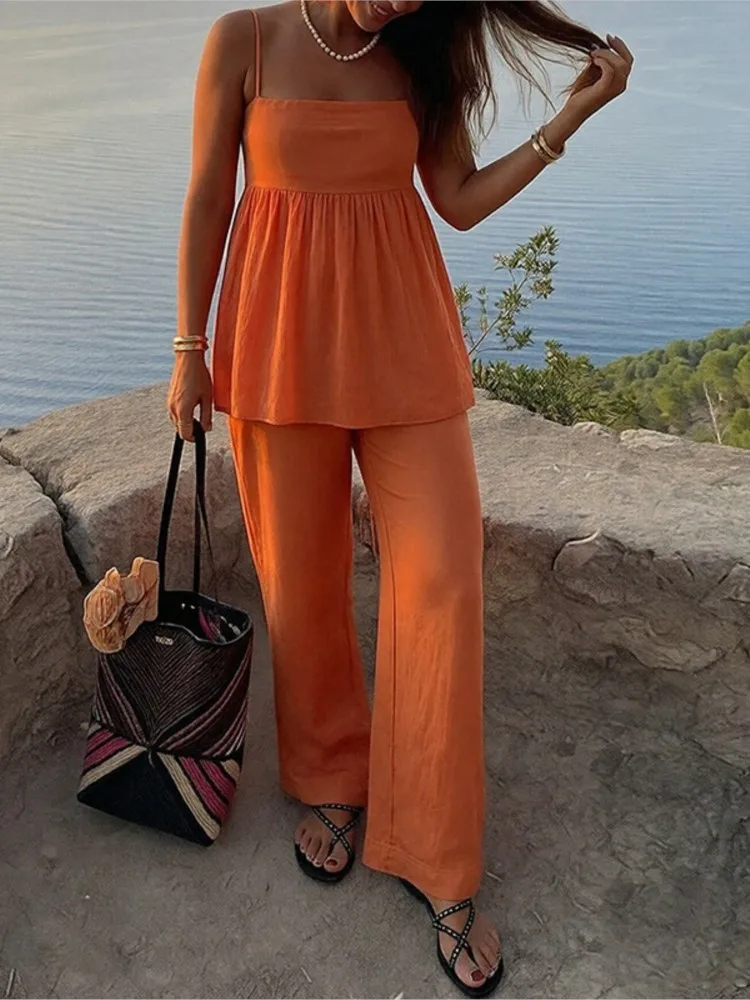 

Female Two-piece Commuting Suspenders Solid Color Tops T-shirt Pants Suit Casual Daily Office Vacation Fashion 2-pieces Set