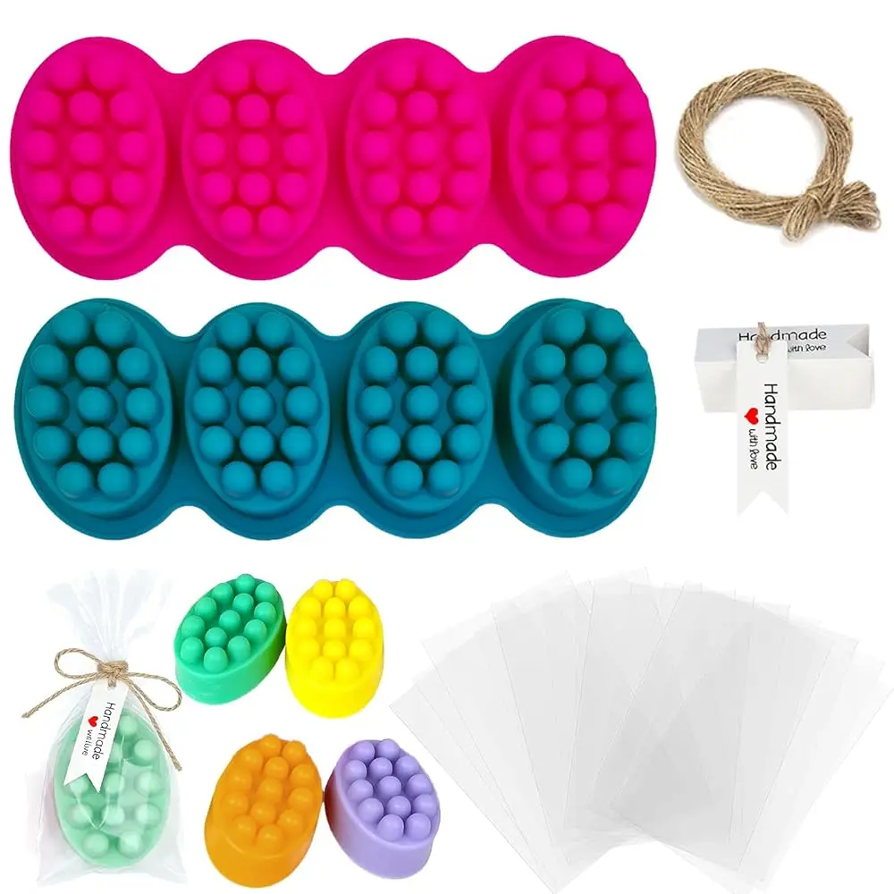 

Набор для изготовления силиконового мыла с 2 формами для массажных брусков, 48 подарочными пакетами, 48 бирками, 65-футовым джутовым шпагатом, дизайном в виде расчески, розовый и бирюзовый