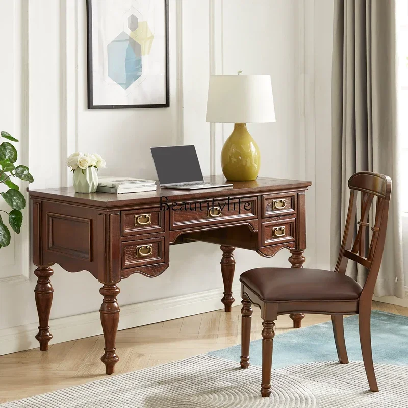 56Simple American all-solid wood large desk rural retro computer desk 5 drawers
