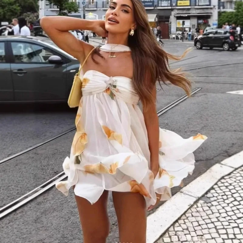 

2025 Summer Women Halter Neck Short Dress Irregular Hem Backless Custom Suit