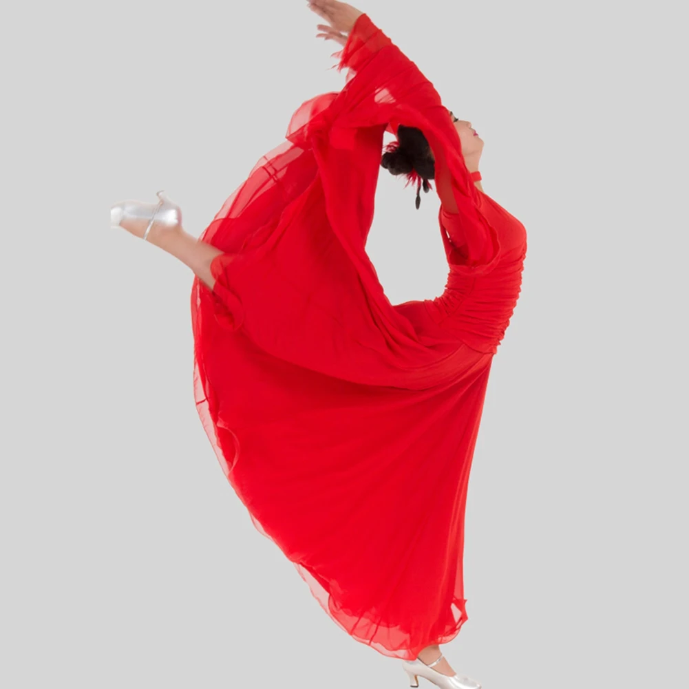 Gesellschaftstanzkleid Schwarz Rose Rot Standard-Wettkampfkleid V-Ausschnitt Band Mesh Langarm Übungstanzkostüm