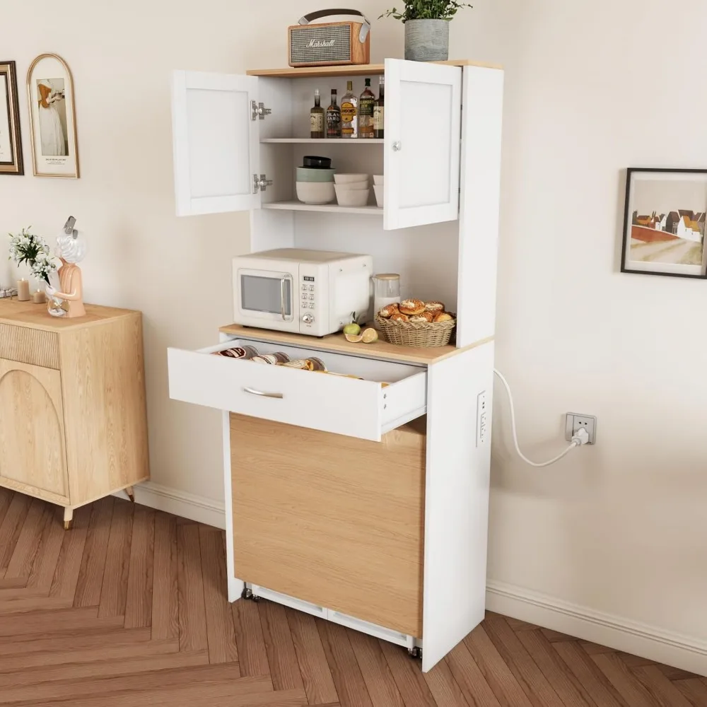 省スペースの木製ダイニングテーブルセット、折りたたみ機能付き、キッチン収納と電源コンセント用の背の高いサイドボードキャビネット付き