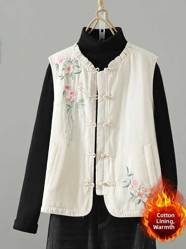 

Autumn Winter Large Size Women's Vintage Lapel Jaet Cotton Linen Embroidery Svel Cotton Inter Thin Vest