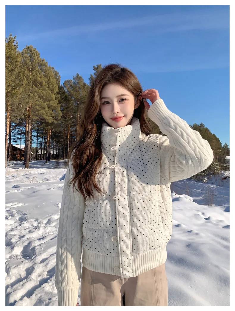 Korean Polka Dot Knit Patchwork Corduroy Cotton Jacket for Women Winter Sweet Thick Puffer Jackets Woman Stand Collar Y2K Parkas