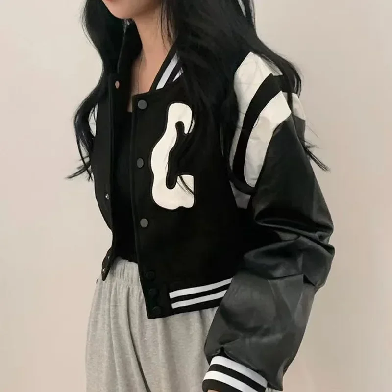 Jaqueta bomber cortada para mulheres, moda coreana vintage, jaquetas curtas de beisebol gótico extragrande, streetwear chique Kpop, casaco de inverno, 2023